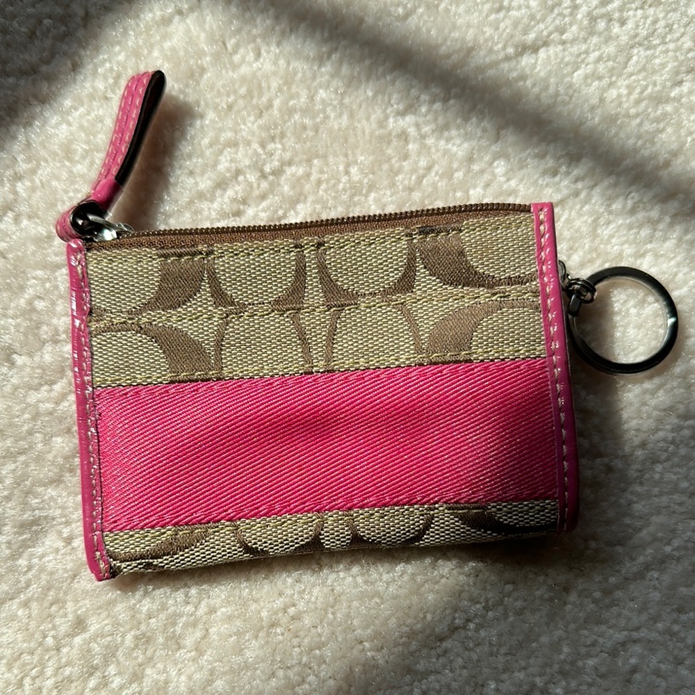 Coach Pink and Brown Signature Keychain Wallet